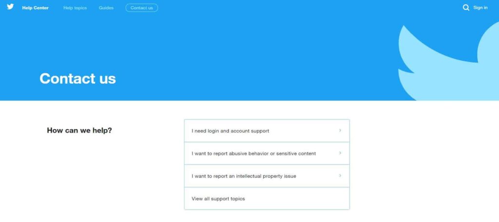 1. Visit the Twitter Help Center and select "Report."