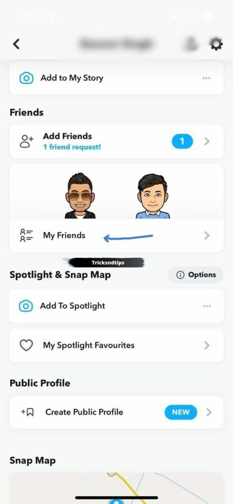 Click the Bitmoji icon, scroll down and click "My Friends" to open your friend's list.