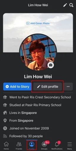 Go to your Facebook profile and click the button. "Edit Profile"